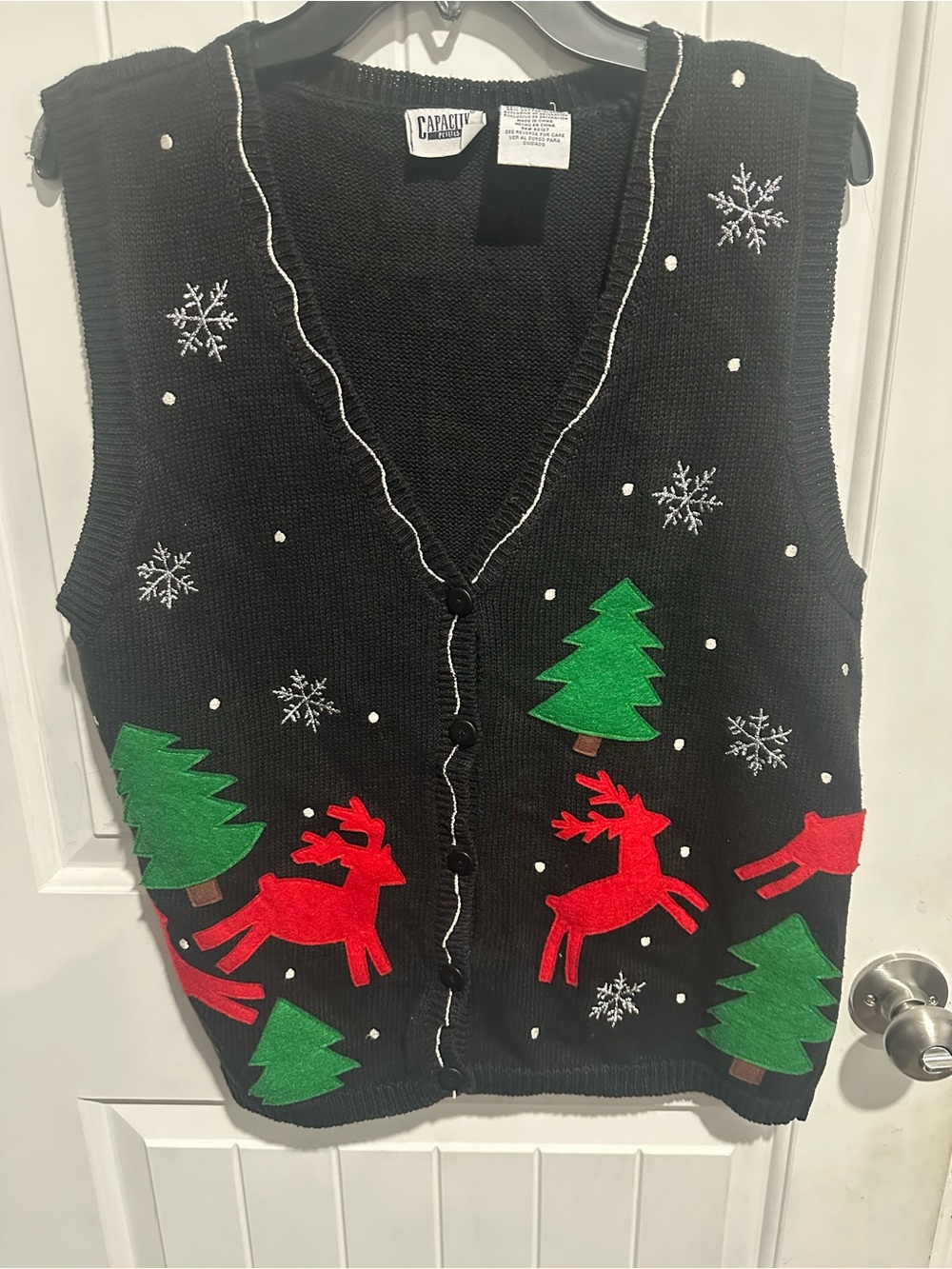 Black Holiday Reindeer & Tree Knit Vest -